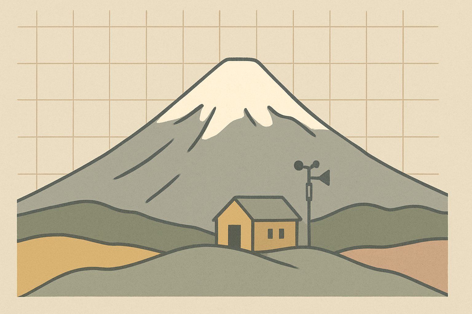 雪をかぶった山頂と、その上空に方眼状の格子が重なって見える図解風のイラスト。麓には小さな気象台の建物。人物は描かない。くすみカラーの北欧イラスト風、シンプルな線画（文字・ロゴなし）