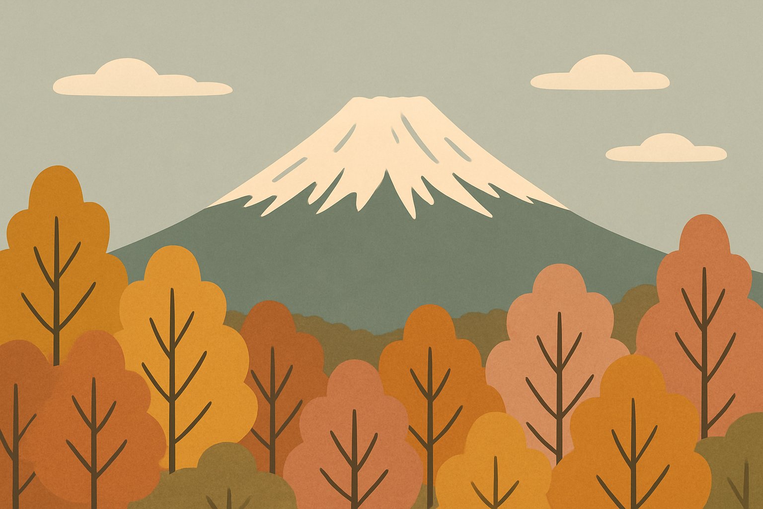 秋の紅葉した木々の向こうに、山頂だけ白く雪をかぶった富士山が朝の澄んだ空に浮かぶ風景。人物は描かない。くすみカラーの北欧イラスト風、シンプルな線画（文字・ロゴなし）