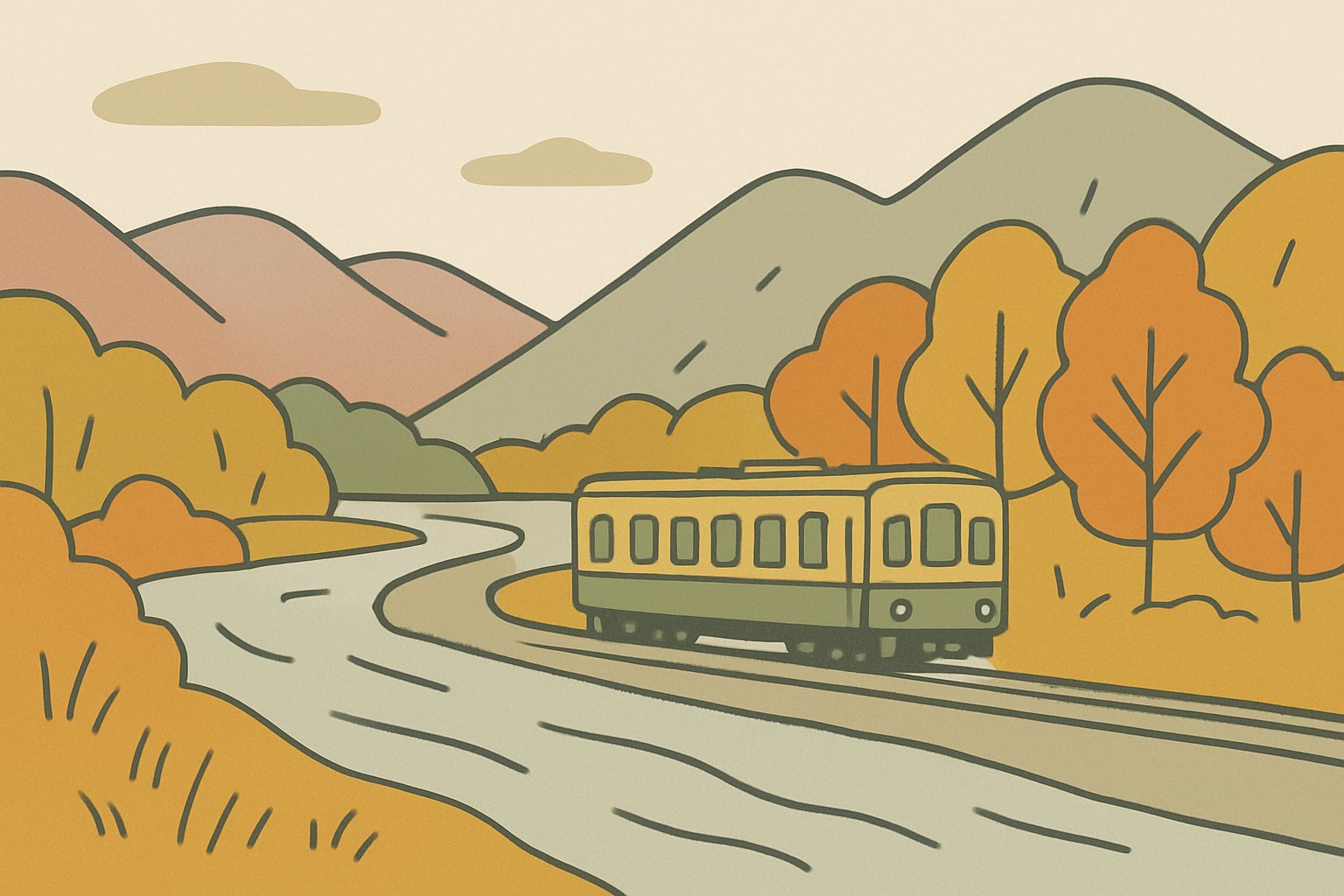 山あいの川沿いを1両編成のローカル列車が走る秋の風景。くすみカラーの北欧イラスト風、シンプルな線画（文字・駅名・ロゴは描かない）