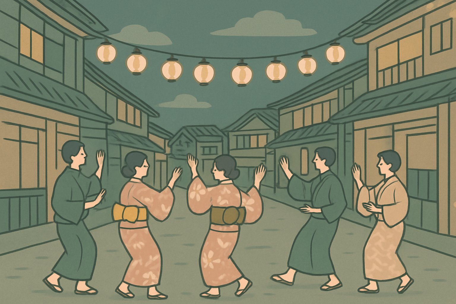 夏の夜、提灯の明かりの下で浴衣姿の人々が輪になって盆踊りを踊る城下町の通り。くすみカラーの北欧イラスト風、シンプルな線画（提灯や看板に文字は描かない）