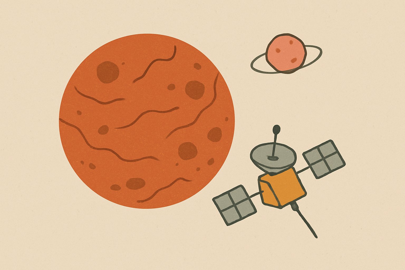 赤い火星と、そのそばを回る小さくいびつな形の衛星、近づいていく探査機のイメージ