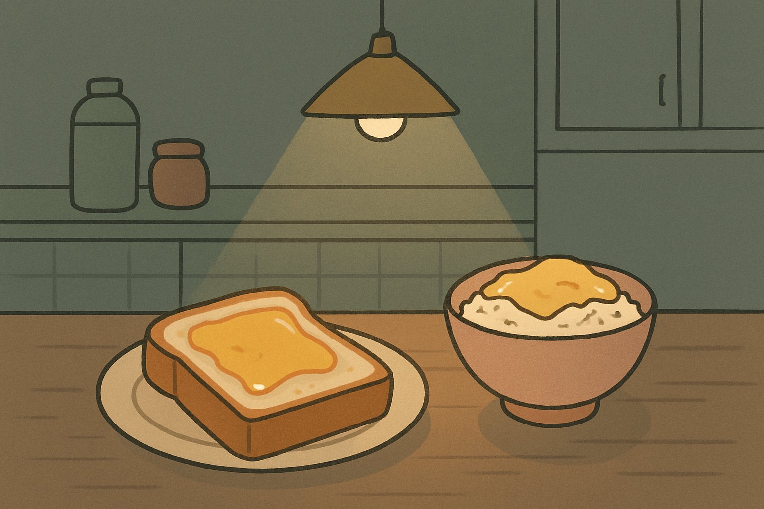 夜のキッチンで、溶けたバターがしみた厚切りトーストと、チーズがのったごはん茶碗が並ぶ様子。小さな照明の下の静かな雰囲気。くすみカラーの北欧イラスト風、シンプルな線画（文字・ロゴは描かない）