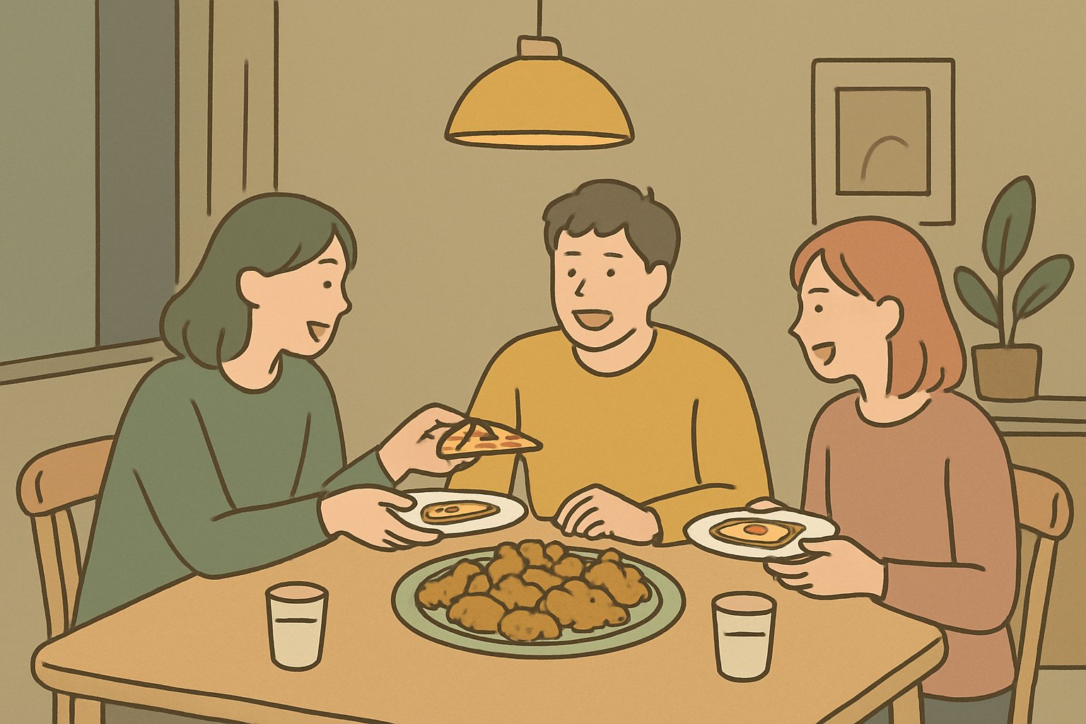 友人3人がテーブルを囲み、大皿のから揚げとピザを取り分けて笑い合う様子。夜の部屋にあたたかい照明。くすみカラーの北欧イラスト風、シンプルな線画（文字・ロゴは描かない）