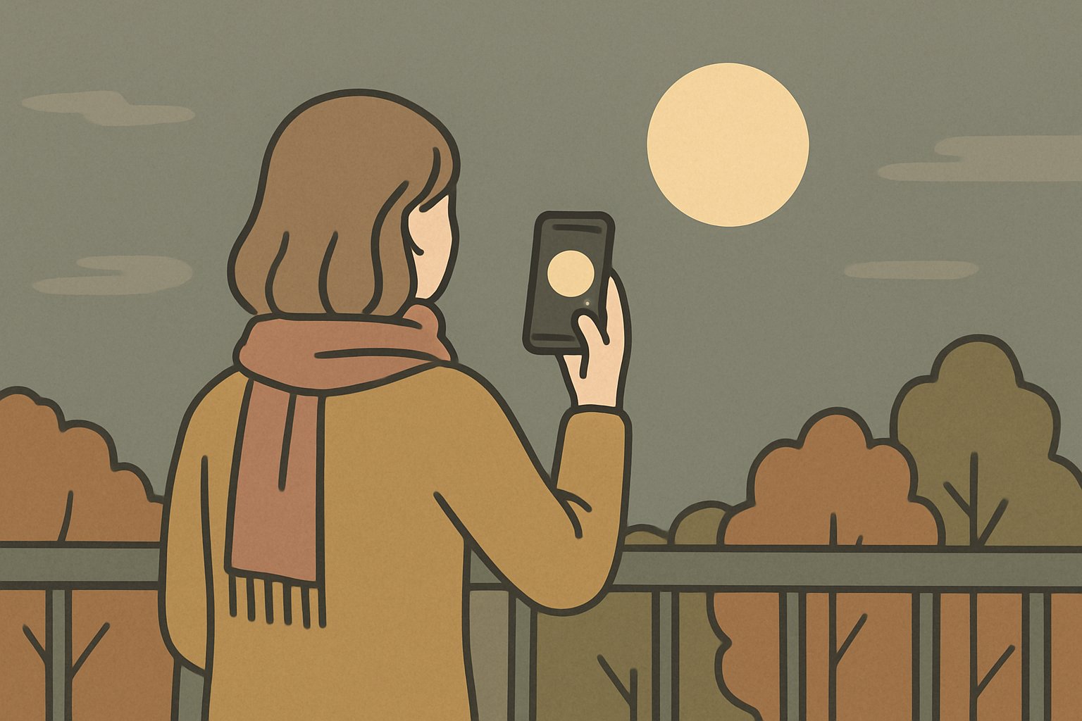 秋の夜、ベランダの手すりにスマートフォンを置き、東の空に浮かぶ欠けのない丸い満月を撮ろうとしている人の後ろ姿