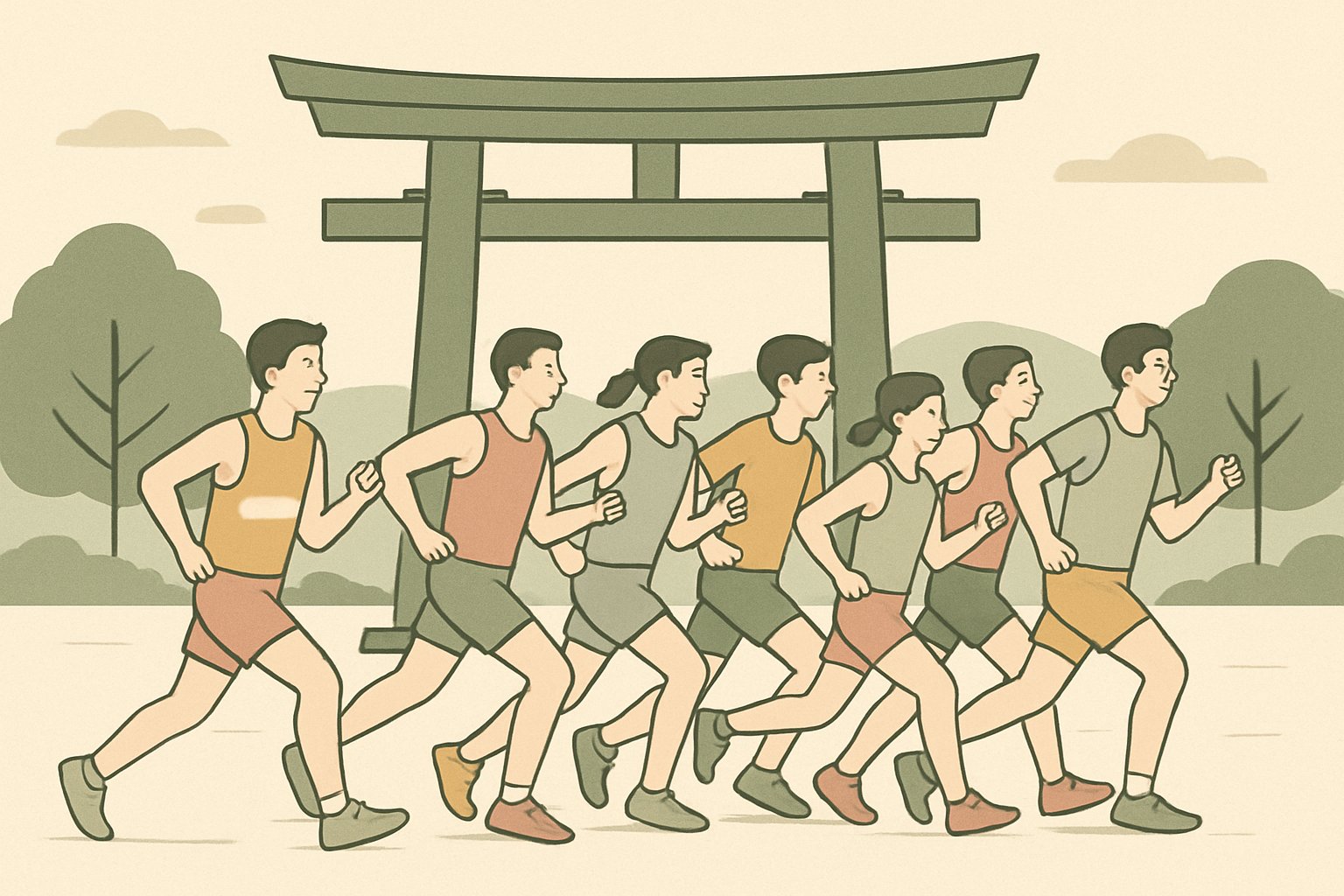 大きな鳥居の前から大学生ランナーたちが一斉にスタートする駅伝のイメージ