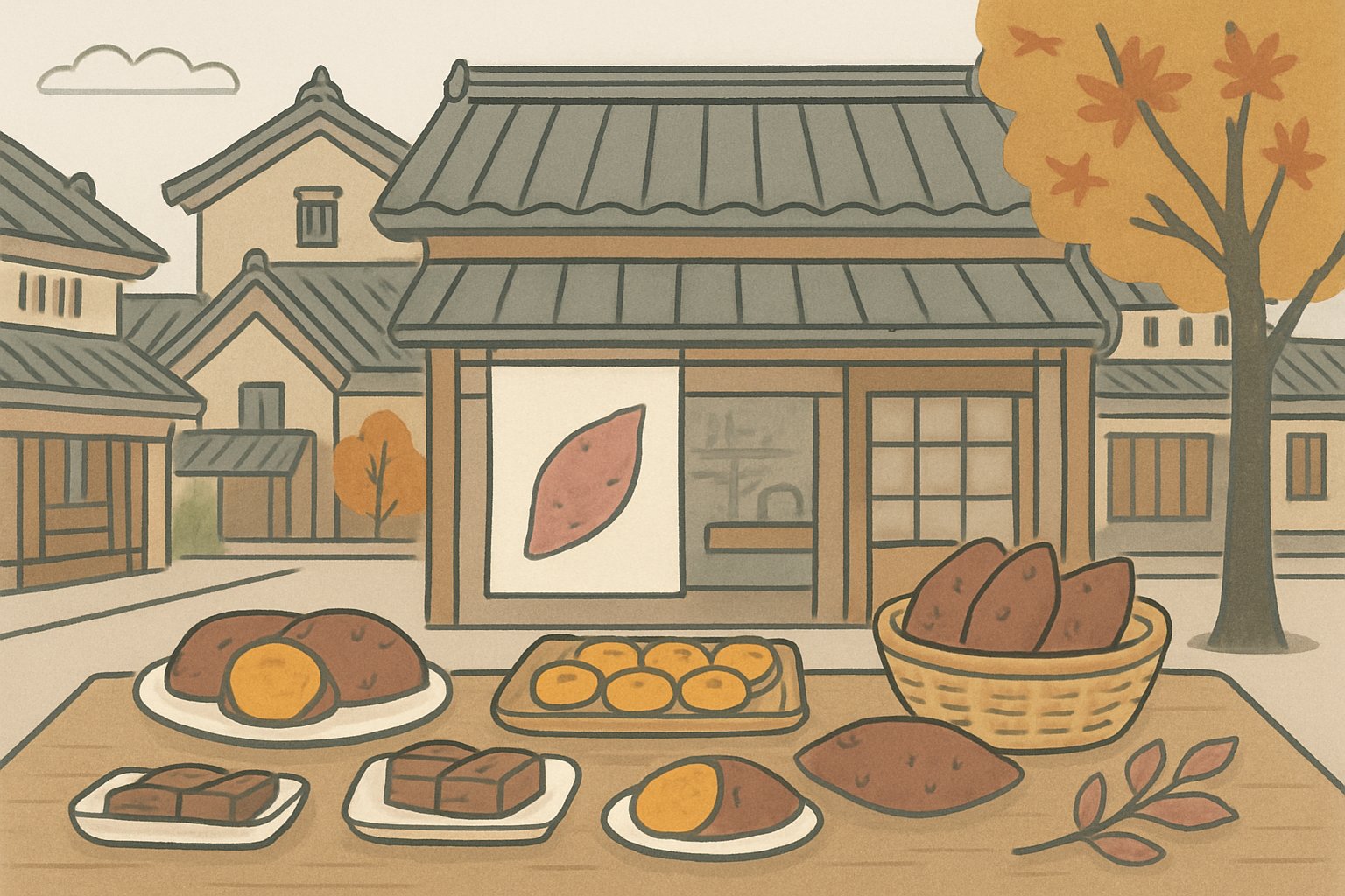 蔵造りの町並みを背景に、焼き芋やさつまいものお菓子が並ぶ秋の川越の店先のイメージ
