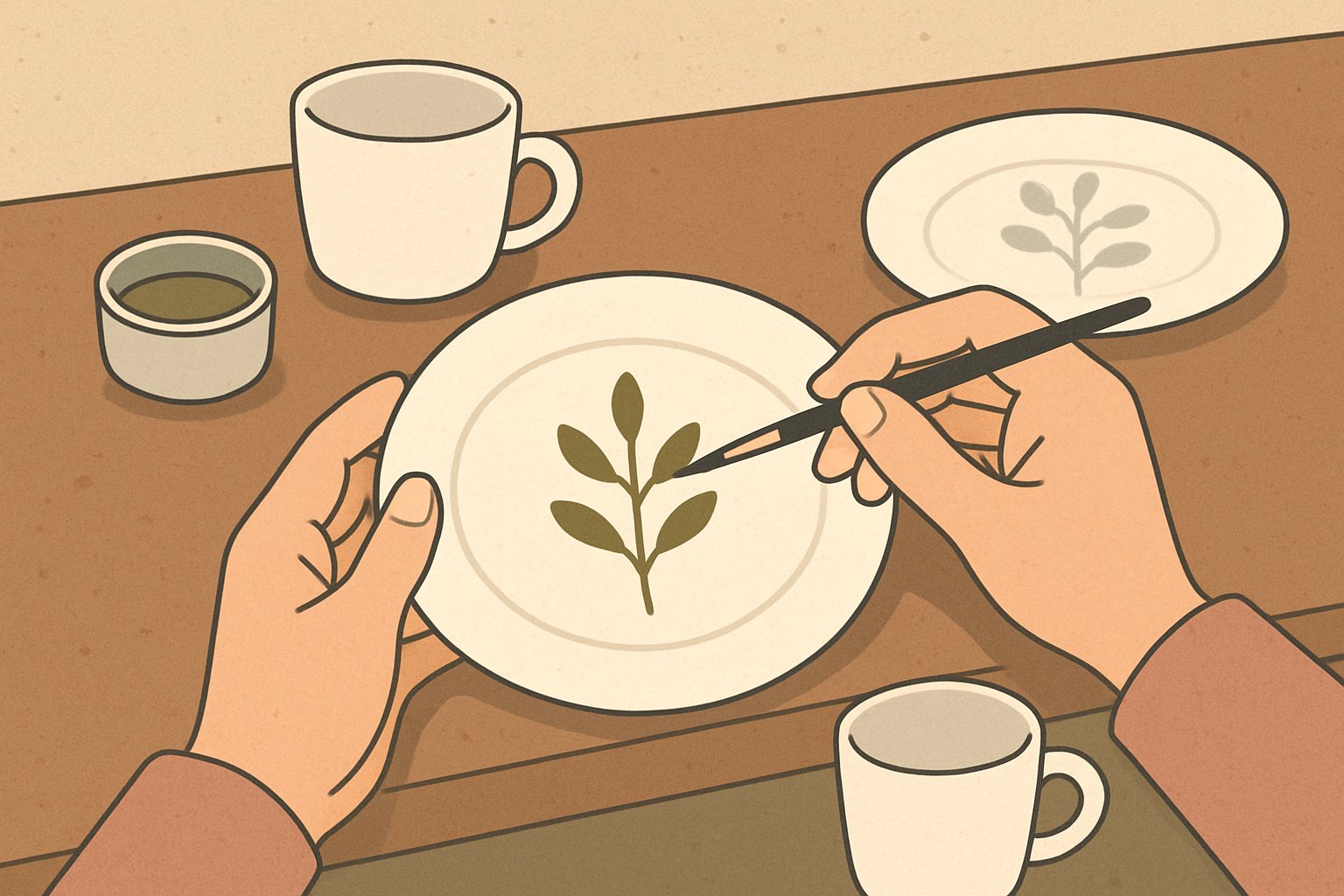 白い磁器の皿やカップに筆で絵付けをする職人の手元のイメージ