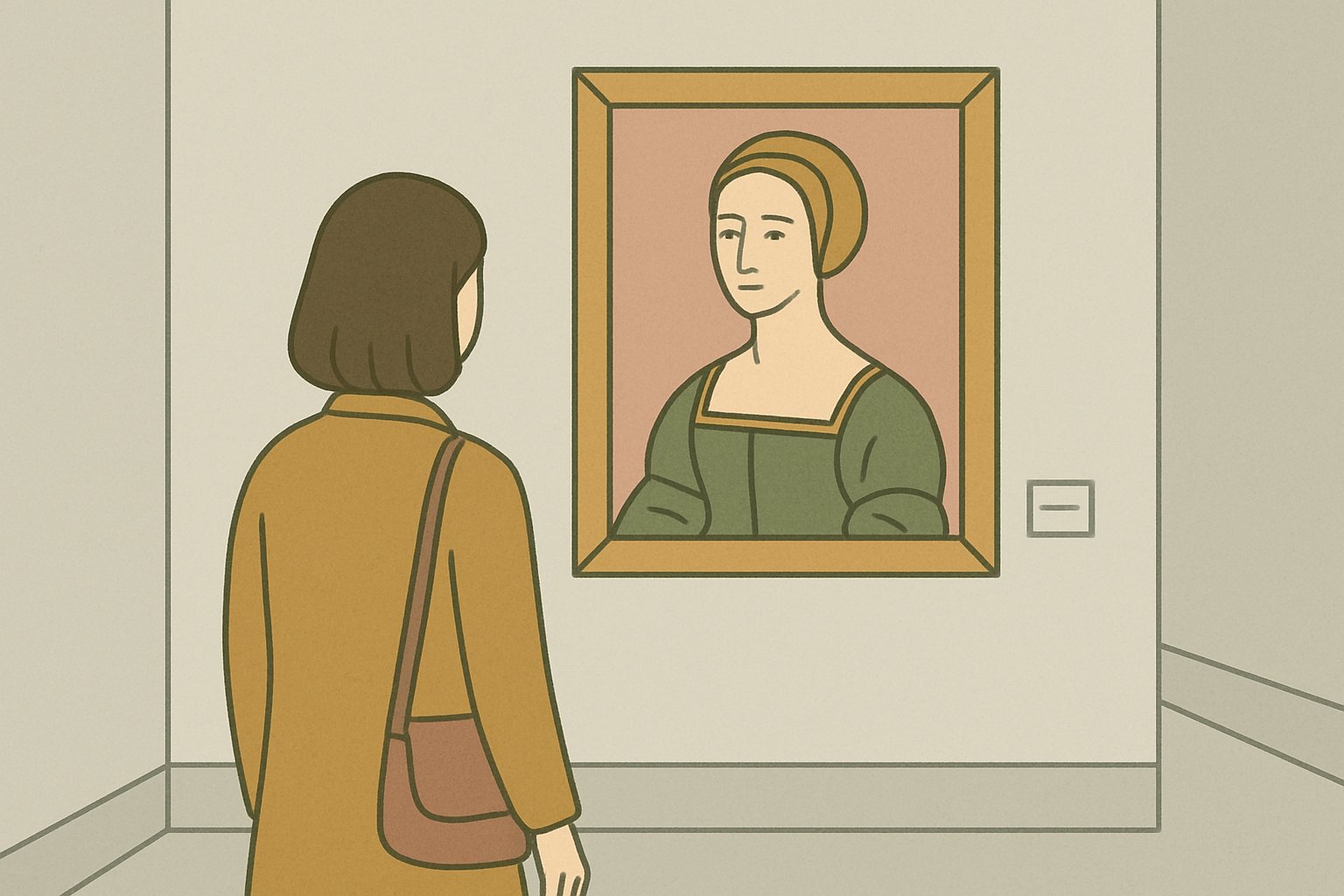 静かな美術館の展示室で、壁に掛けられたルネサンス期の女性の肖像画を少し離れて見つめる来館者の後ろ姿
