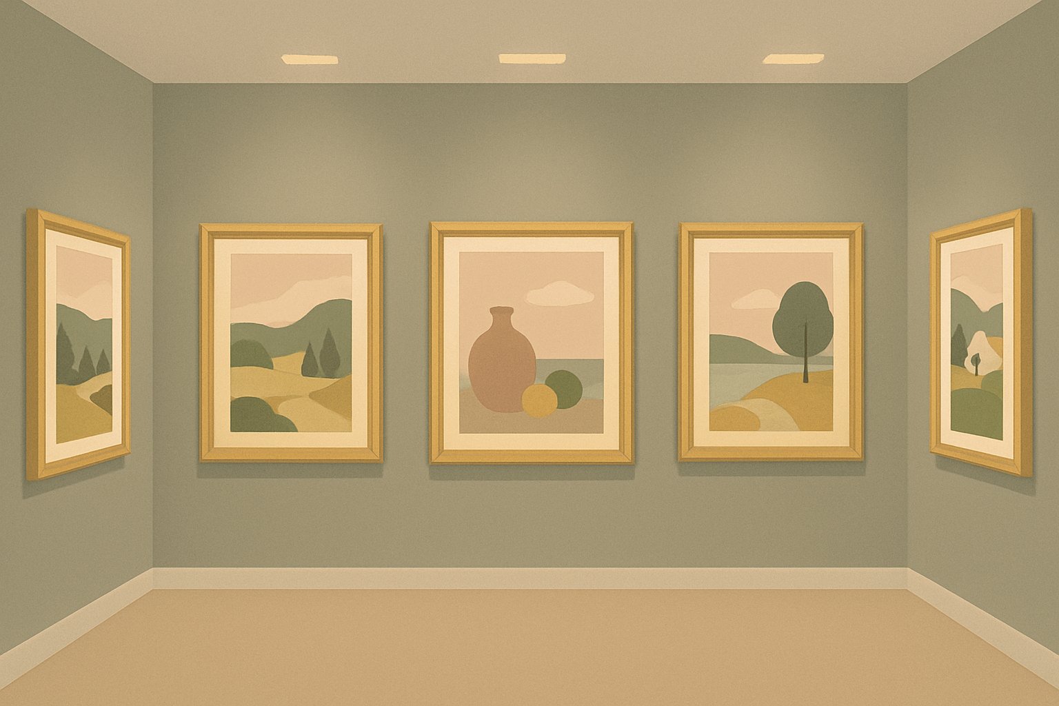 金の額縁に入った風景画や静物画が壁に並ぶ、やわらかな照明の静かな美術館の展示室