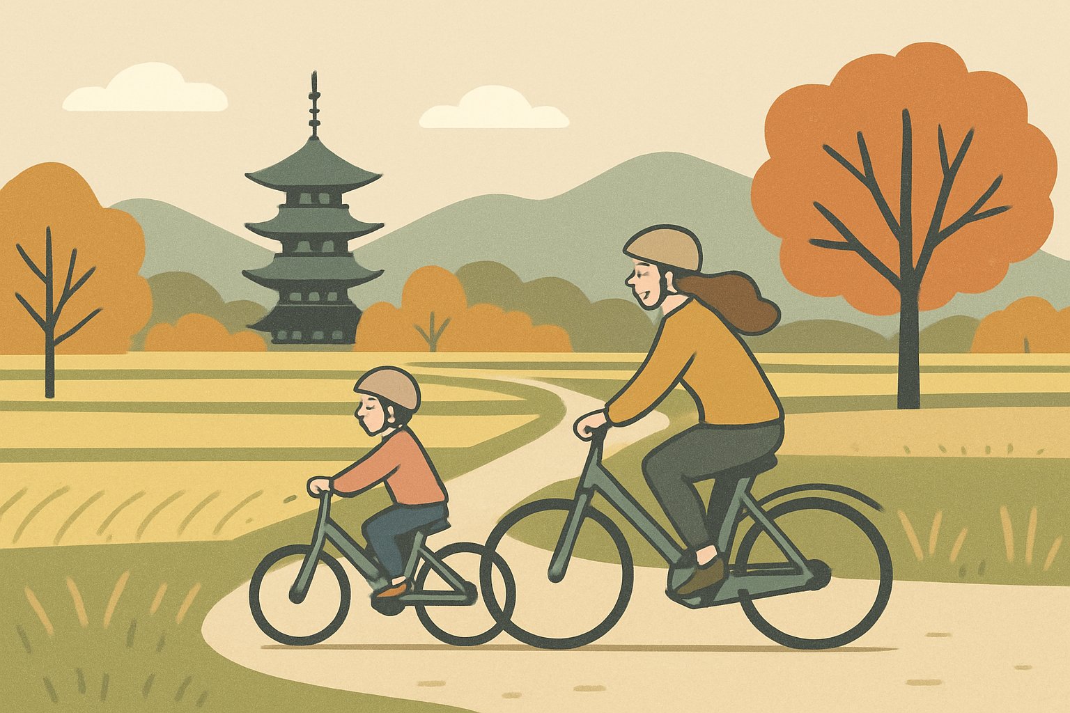 田んぼの中を通る小道を自転車で走る親子。遠くに五重塔と、なだらかな山並みが見えるのどかな秋の風景