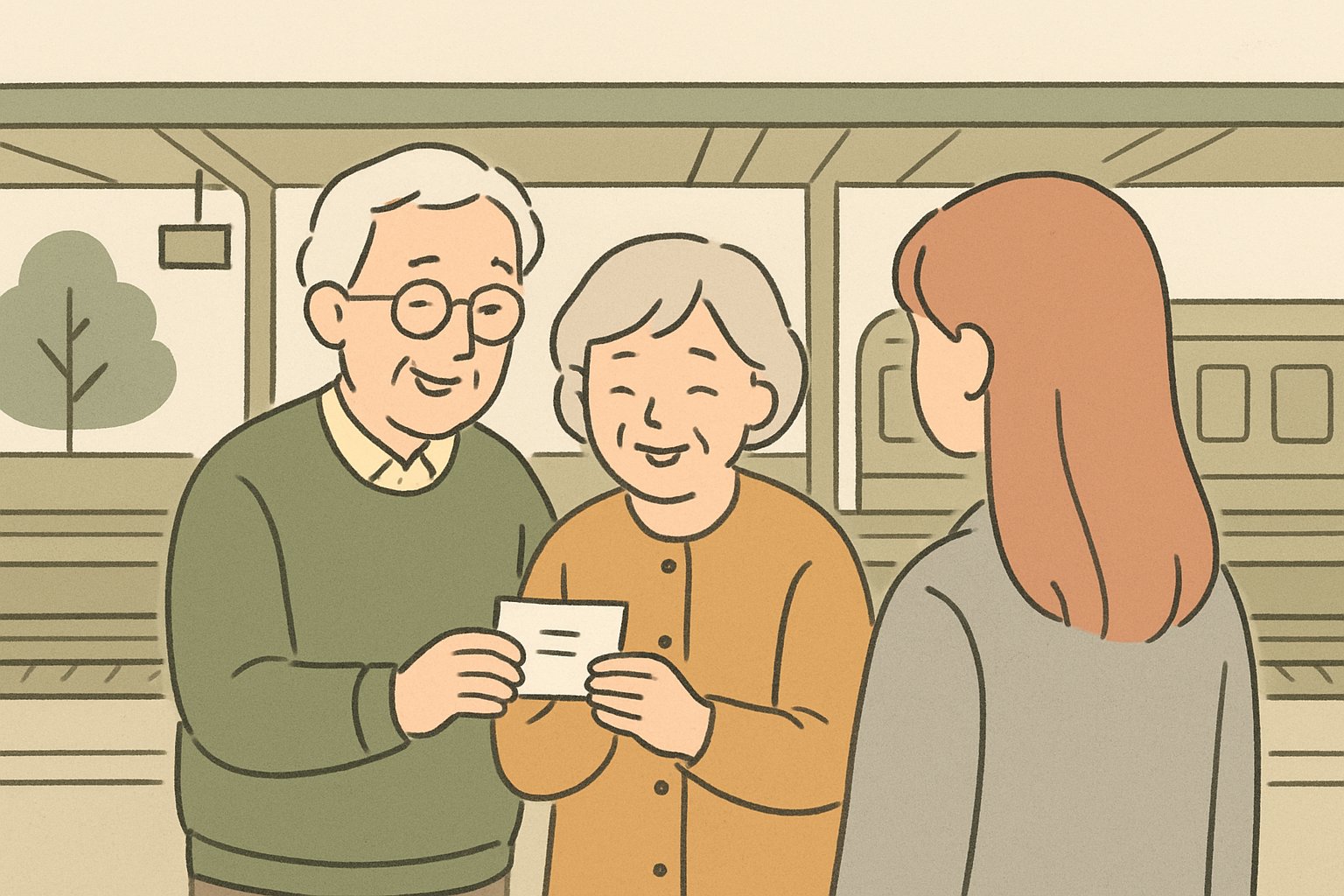 駅のホームで、手書きのヒントカードを受け取って笑顔になる年配の夫婦と、それを見守る娘の後ろ姿。くすみカラーの北欧イラスト風、シンプルな線画(文字・ロゴなし)