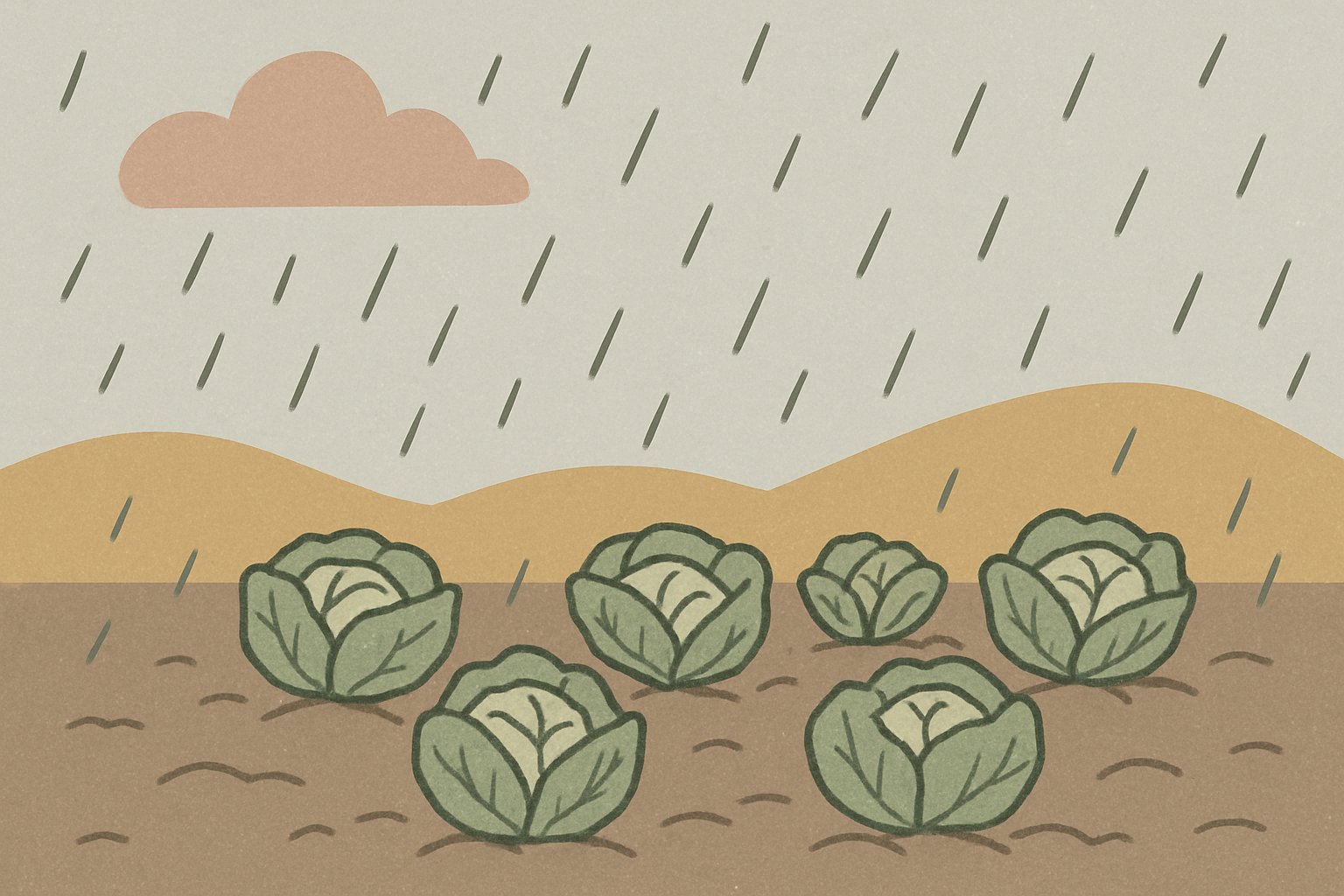 雨が降り続く畑で、小さな白菜が並んでいる様子。くすみカラーの北欧イラスト風、シンプルな線画(文字・ロゴは描かない)