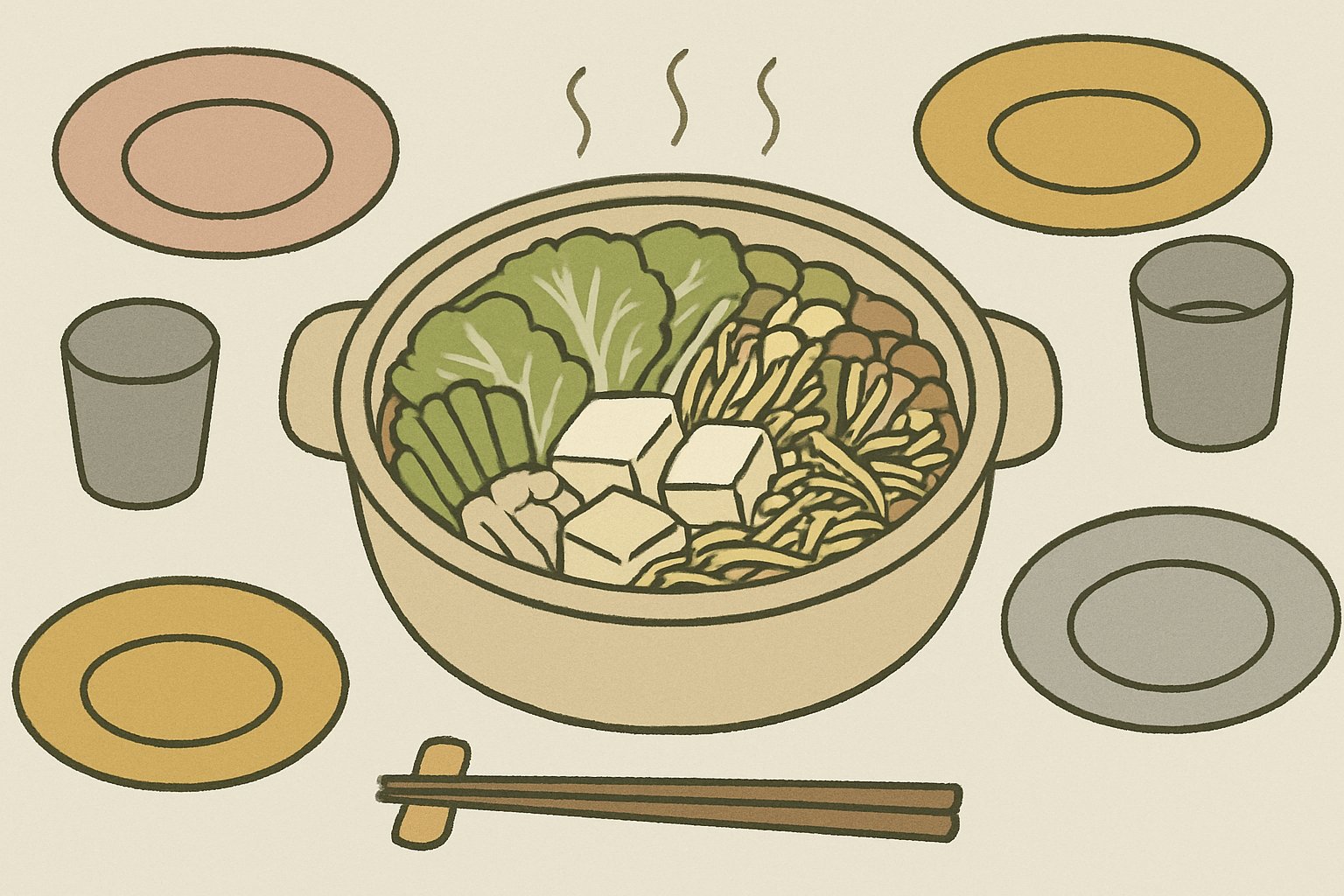 土鍋に少しの白菜ときのこ・豆腐・もやしがたっぷり入った鍋を囲む食卓。くすみカラーの北欧イラスト風、シンプルな線画(文字・ロゴは描かない)