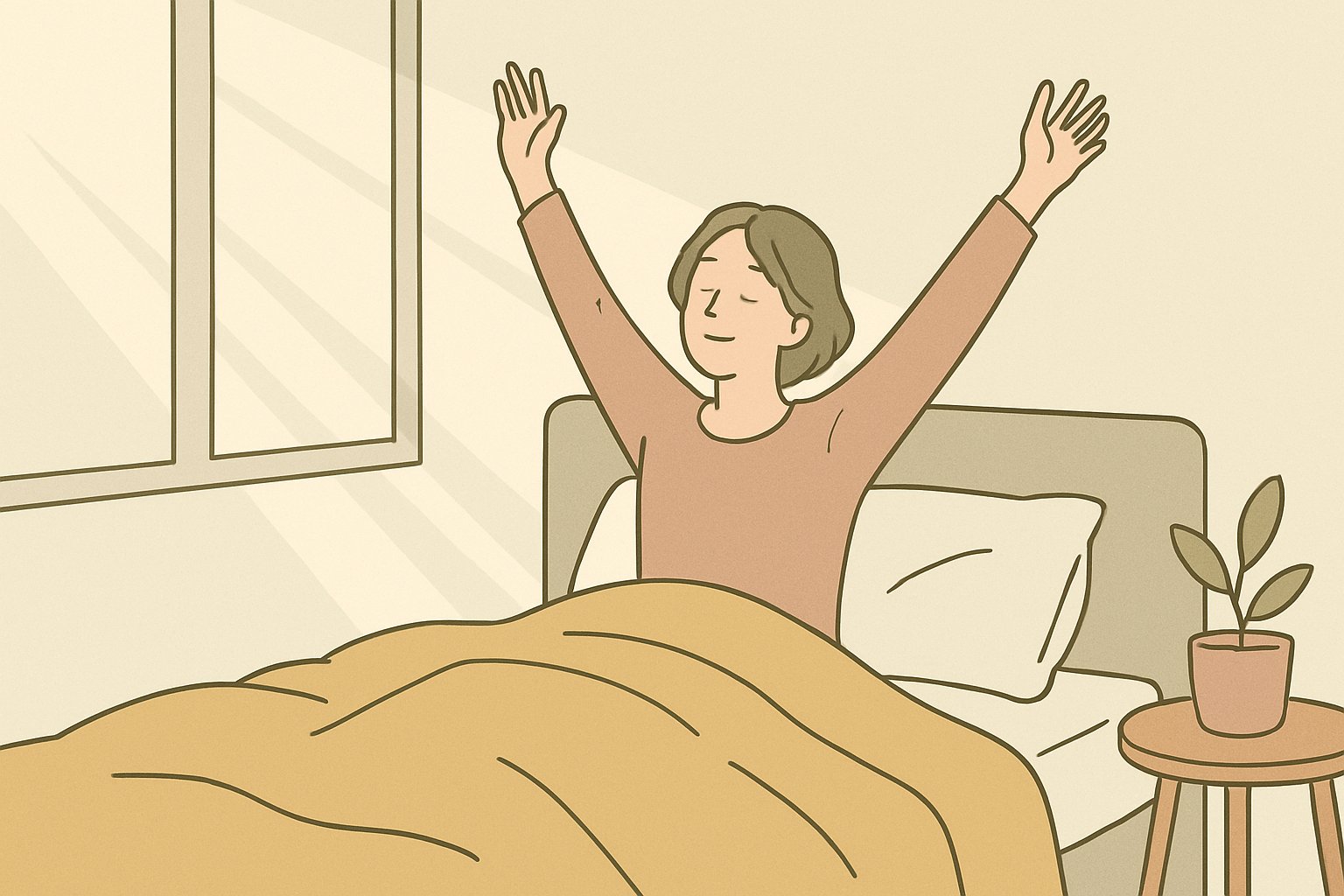 朝の光が差し込む寝室で、ふかふかの布団から起き上がり気持ちよさそうに伸びをする人