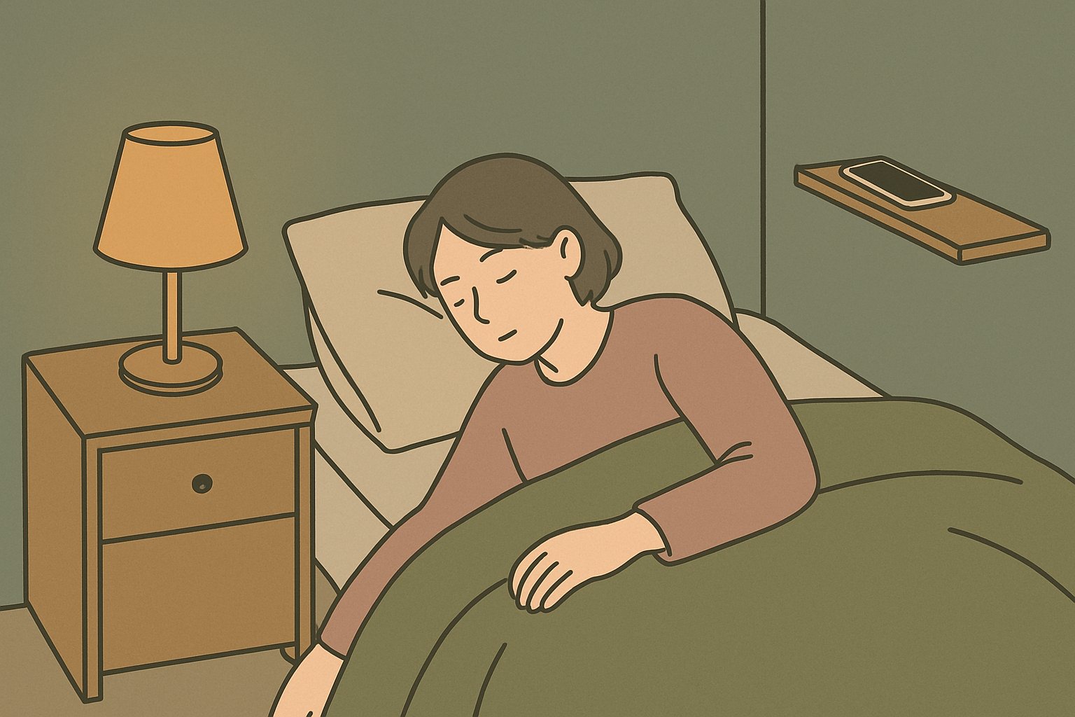 夜の部屋で、明かりを落としてスマホを枕元から離れた棚に置き、布団に入ろうとしている若者