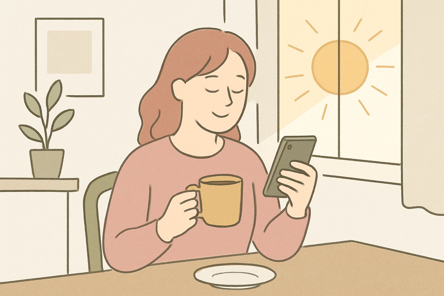 朝日が差し込む食卓で、マグカップを片手にスマホで「よく眠れた」と投稿している人