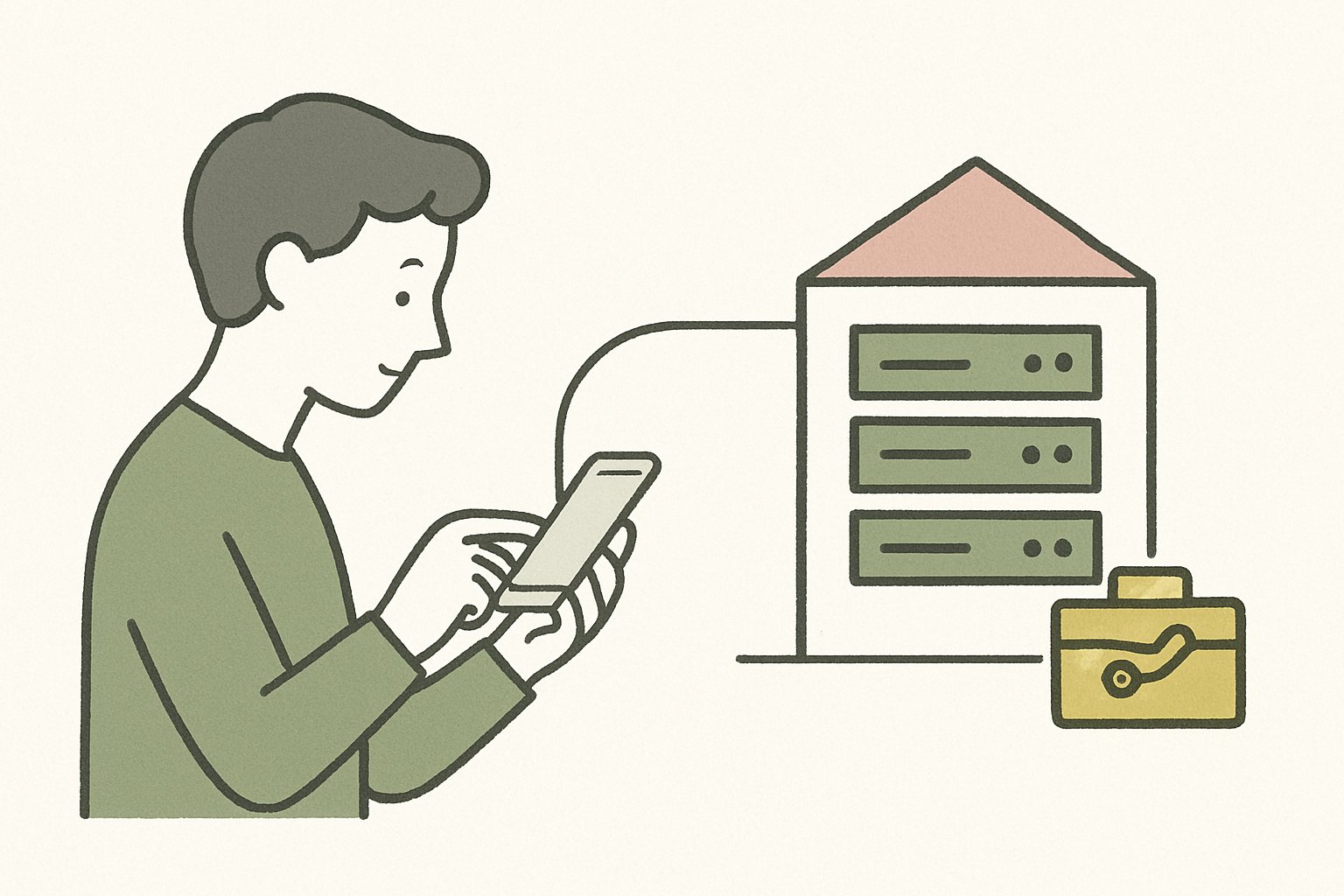 スマホでサイトを見る人と、その奥でサイトを動かすサーバーの建物をつなぐ線のイメージ。サーバー側に小さな工具箱が置かれている