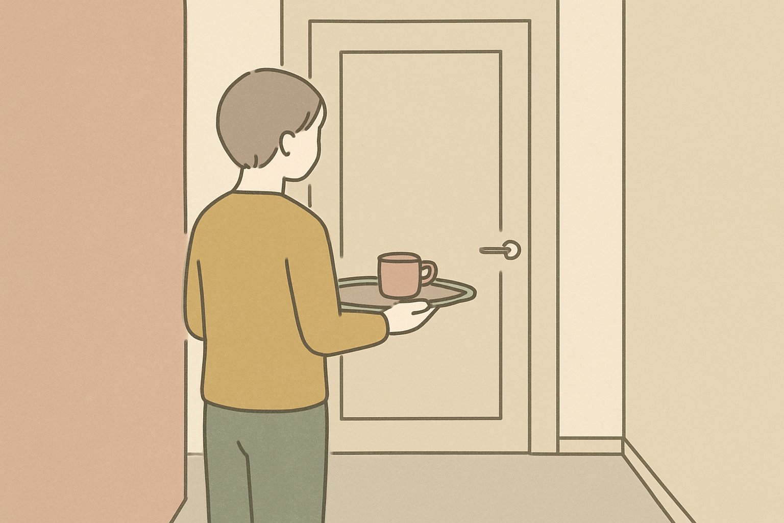 閉まった子ども部屋のドアの前で、トレーにのせた飲み物を持って静かに立つ親の後ろ姿。廊下にやわらかな光。くすみカラーの北欧イラスト風、シンプルな線画(文字・ロゴは描かない)