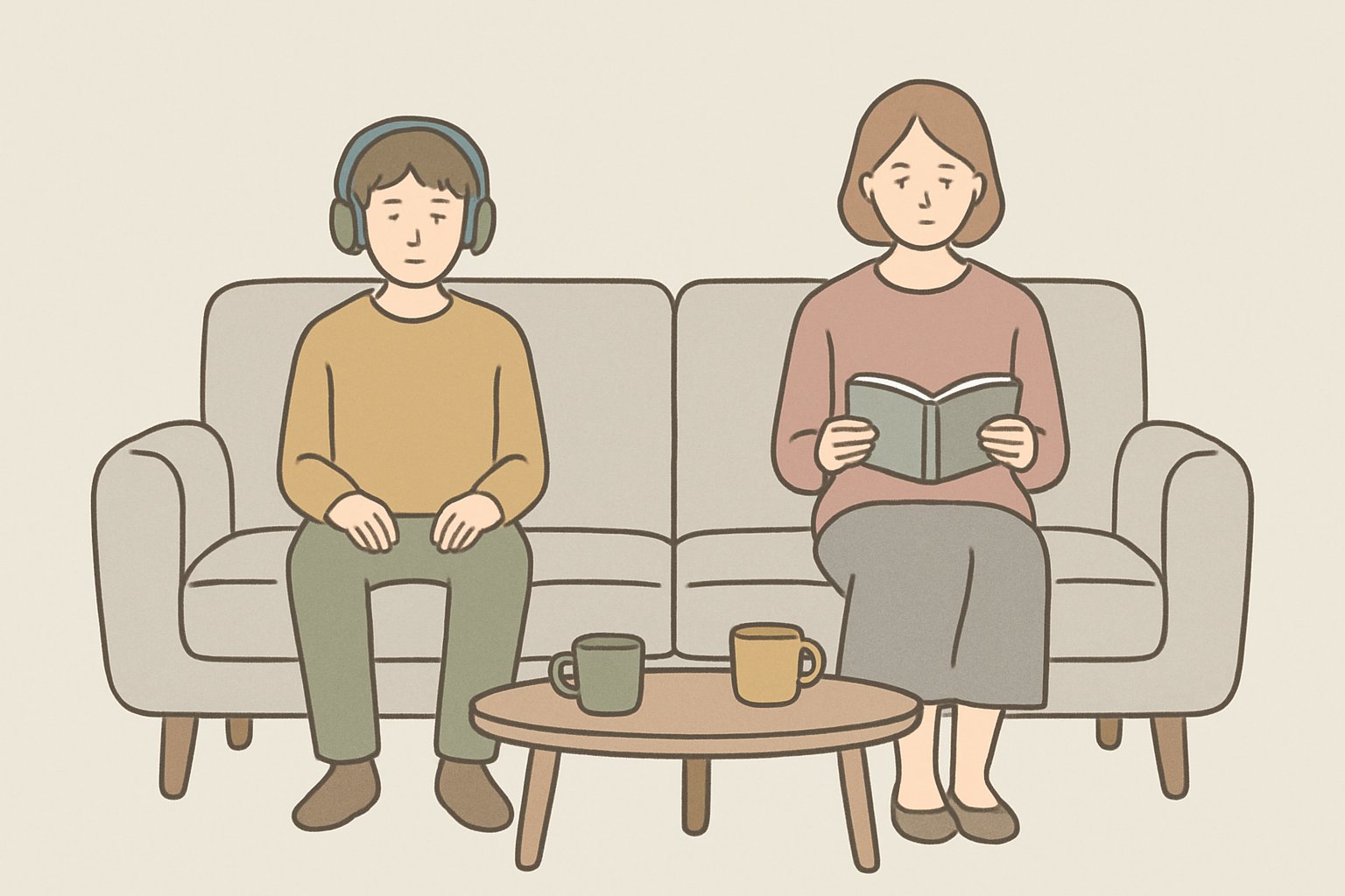 リビングのソファで少し距離をあけて座る親と思春期の子ども。子どもはヘッドホン、親は本を読み、テーブルにはマグカップが2つ。くすみカラーの北欧イラスト風、シンプルな線画(文字・ロゴは描かない)
