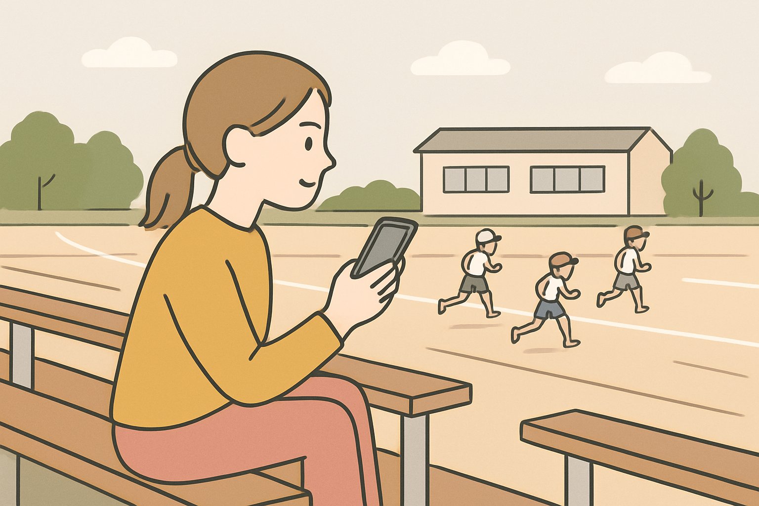 晴れた校庭の観覧席で、保護者がスマートフォンを手に運動会を見守っているイメージ