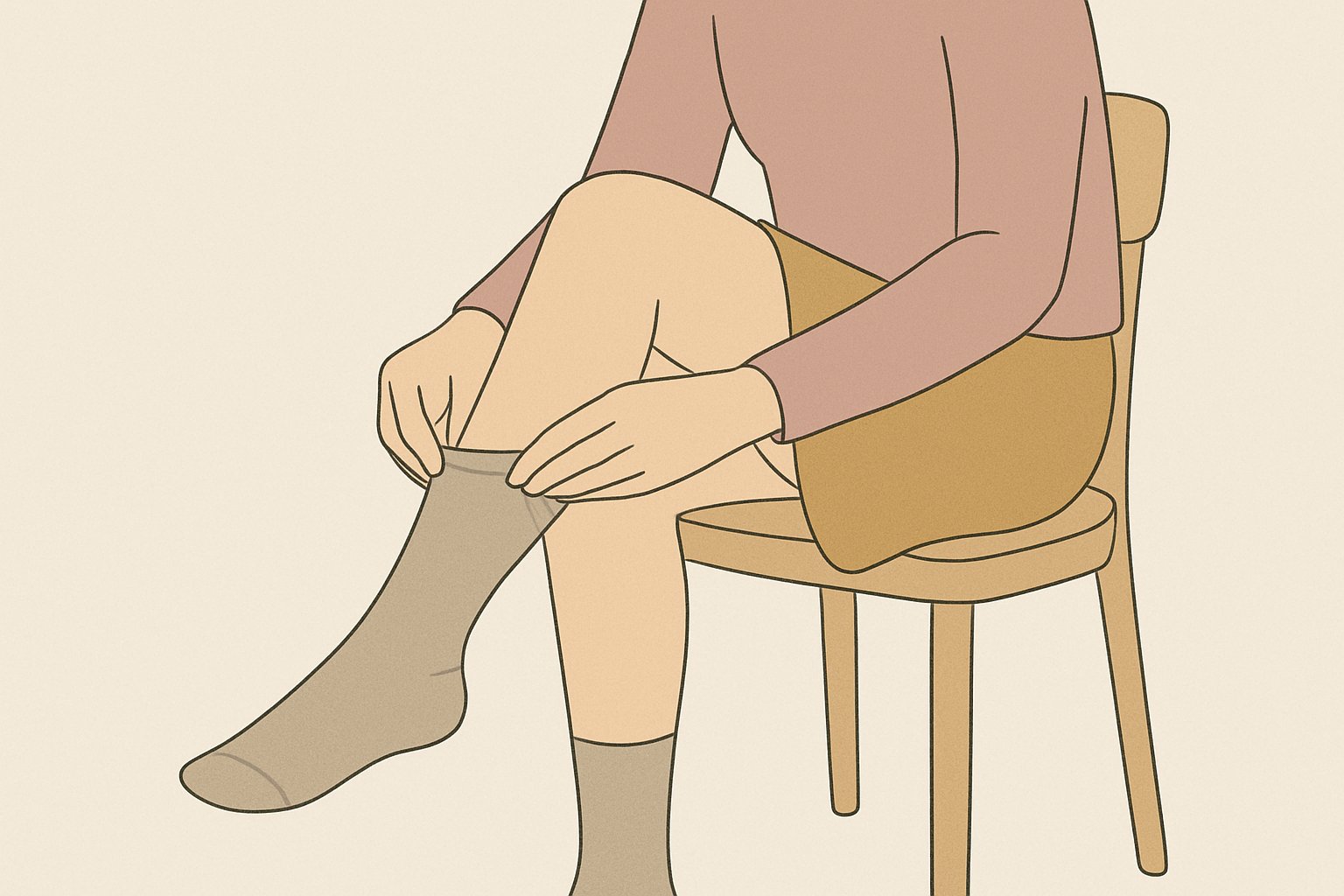椅子に座った女性が、ベージュのストッキングの上から指の腹で靴下をゆっくり引き上げている手元のイラスト