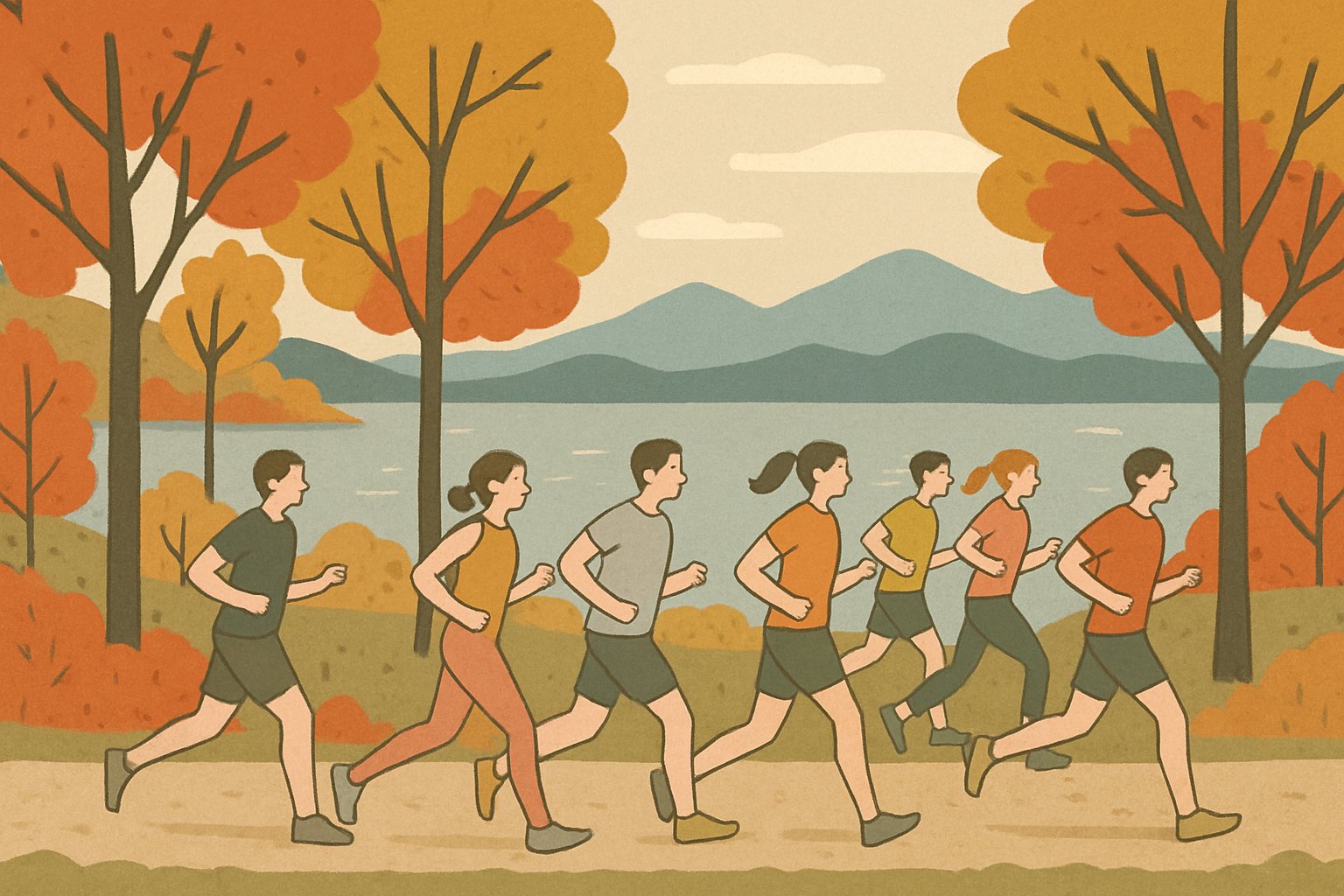 紅葉した木々が並ぶ湖畔の道を、たくさんのランナーが走っている様子。湖の向こうに青い山並みが見える