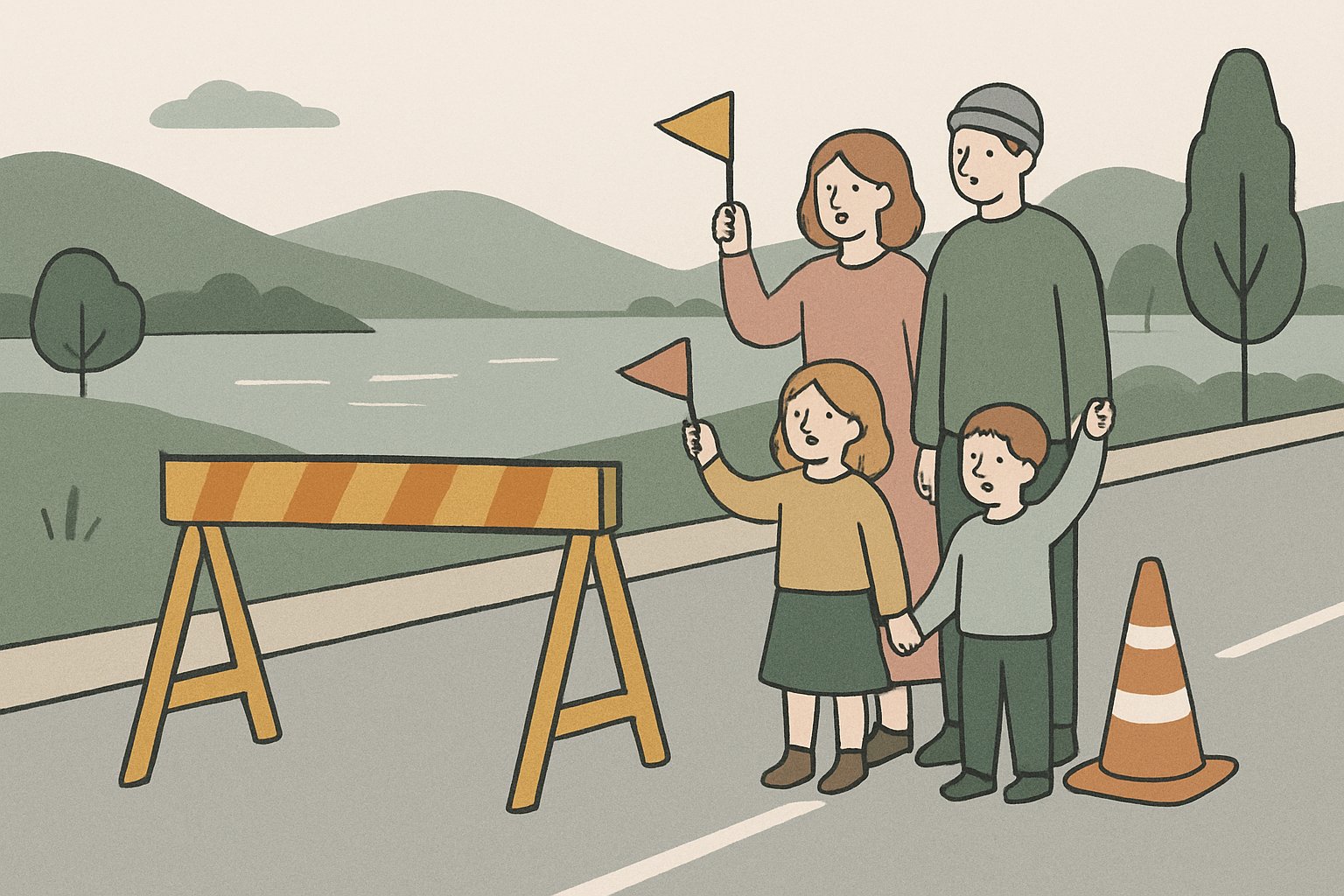 湖畔の道路に通行止めの柵とコーンが並び、歩道で小旗を振って応援する家族連れの様子