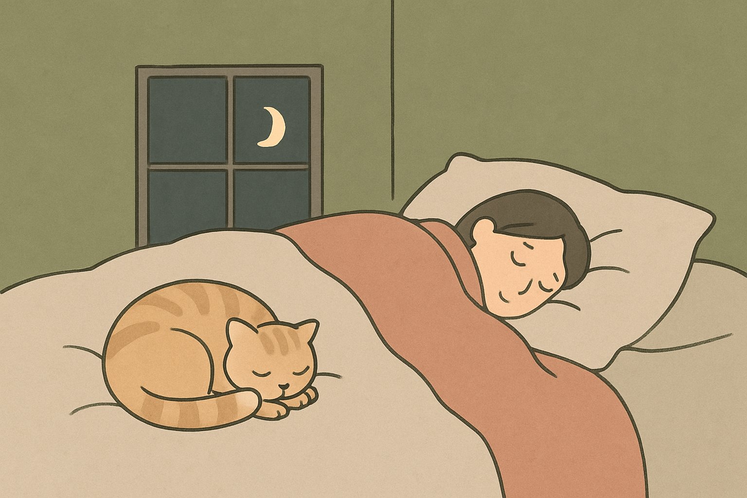 ふかふかの布団の上で丸くなって眠る猫と、そのそばで毛布にくるまって気持ちよさそうに眠る人。夜の静かな寝室、窓の外に小さな月
