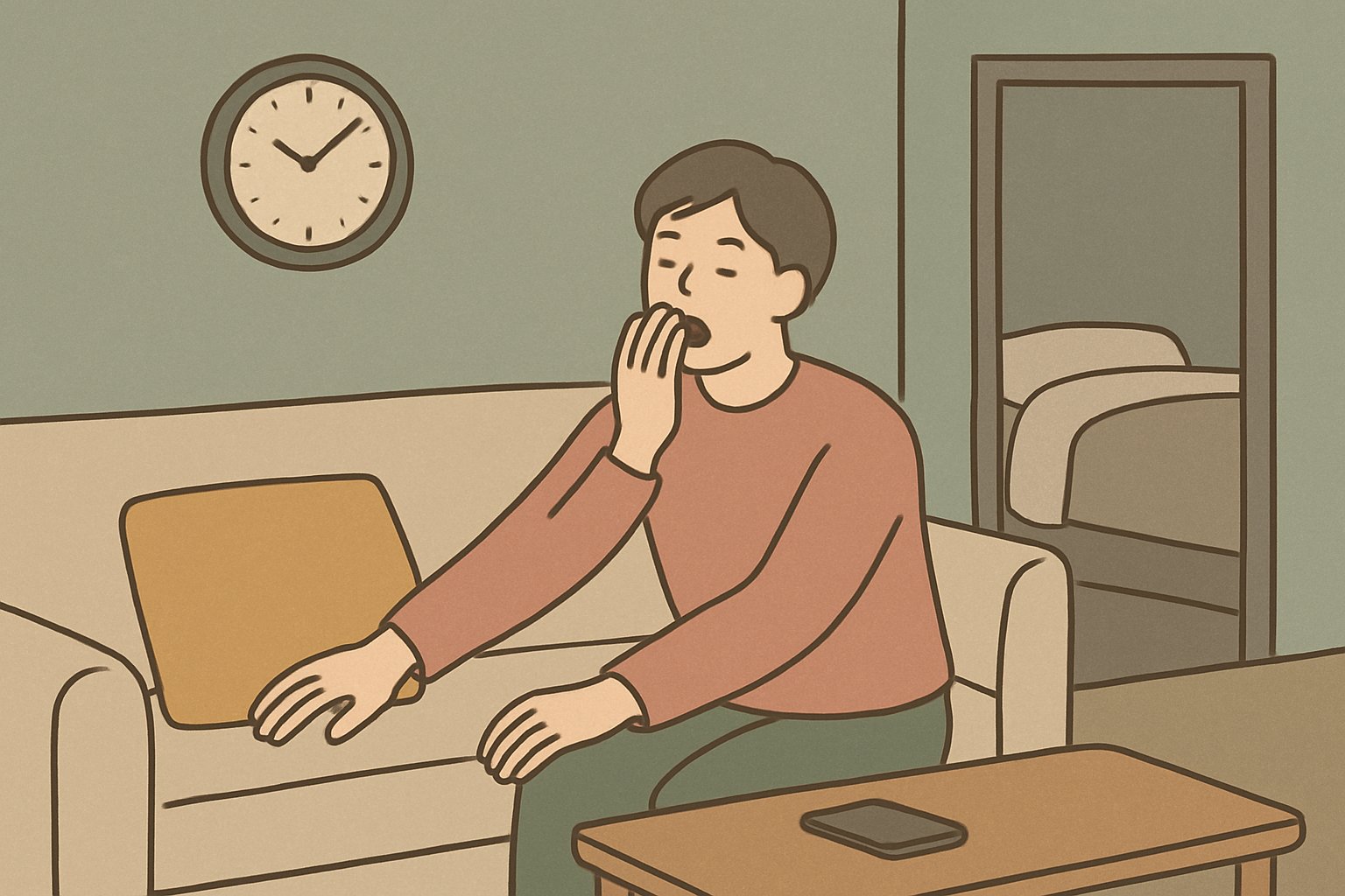 夜、ソファで眠そうにあくびをする人が、スマートフォンを伏せてテーブルに置き、寝室へ向かおうとしている場面。壁の時計は夜10時