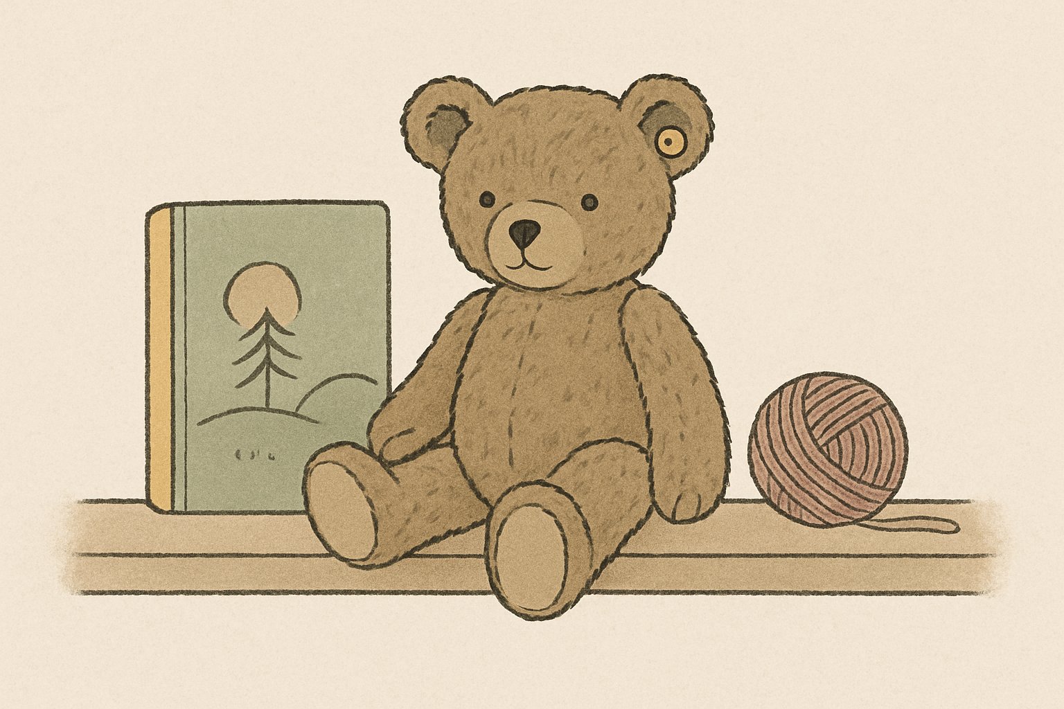 木の棚に、手足の関節が動く茶色いモヘアのテディベアが座っている。片耳に小さな丸いボタン。そばに古い絵本と毛糸玉