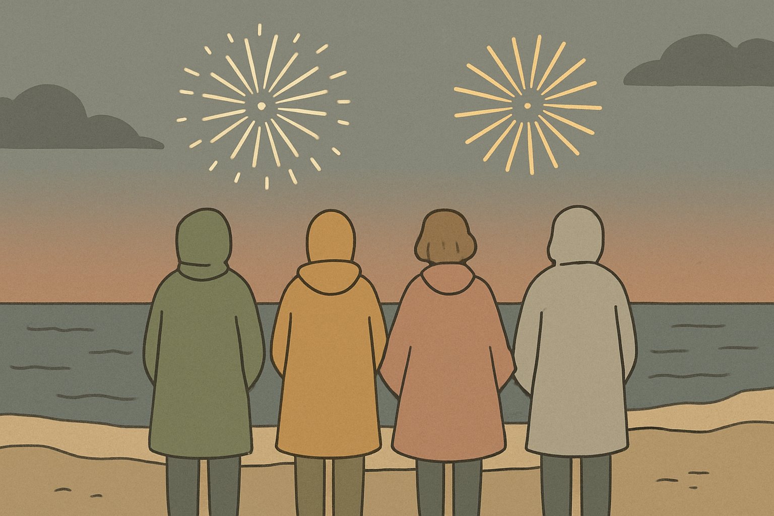 秋の夕暮れの海辺で、レインコートやポンチョを着た人たちが並んで夜空の花火を見上げている後ろ姿
